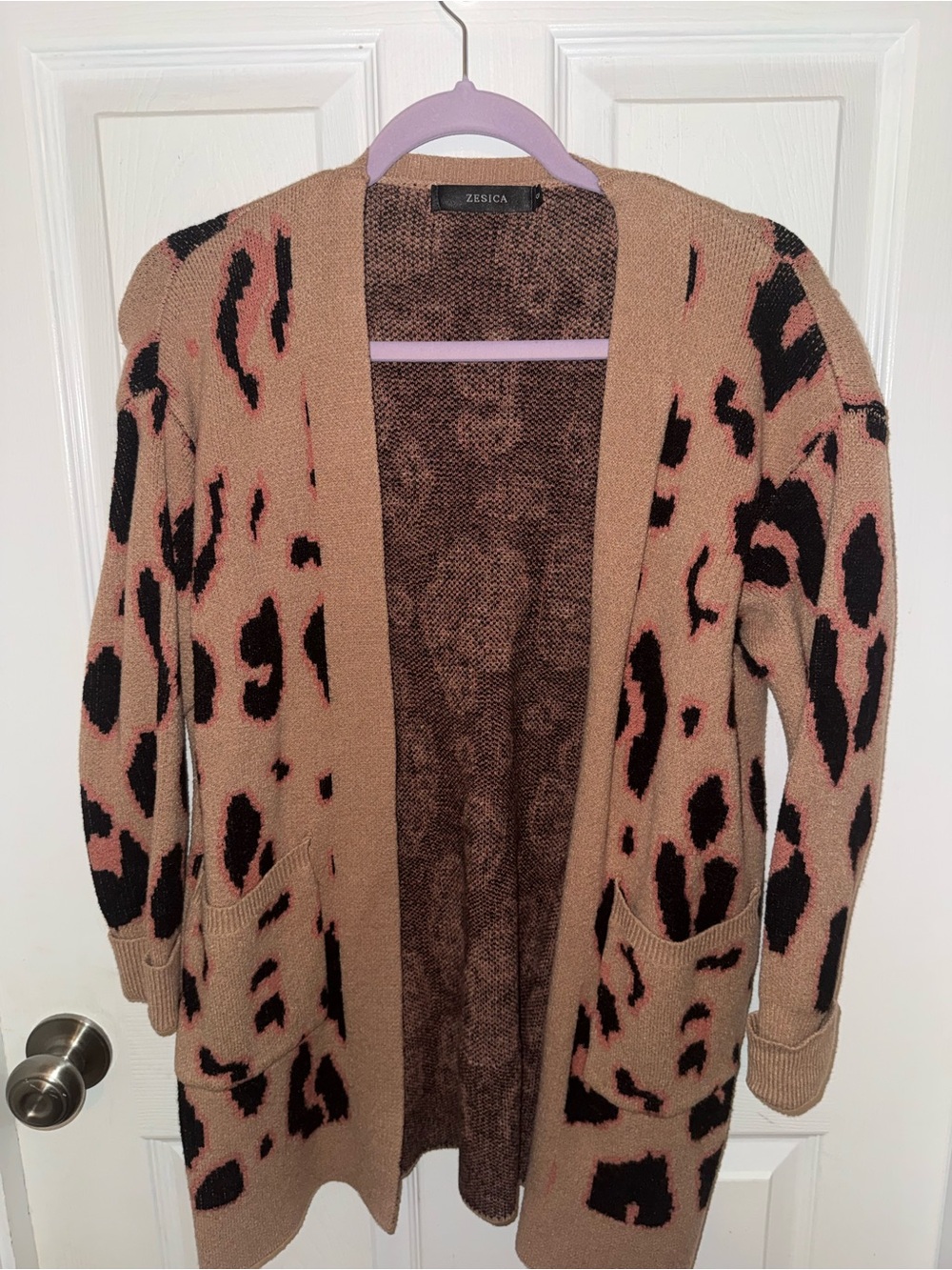 ZESICA Tan Leopard-Print Open Cardigan with Pockets